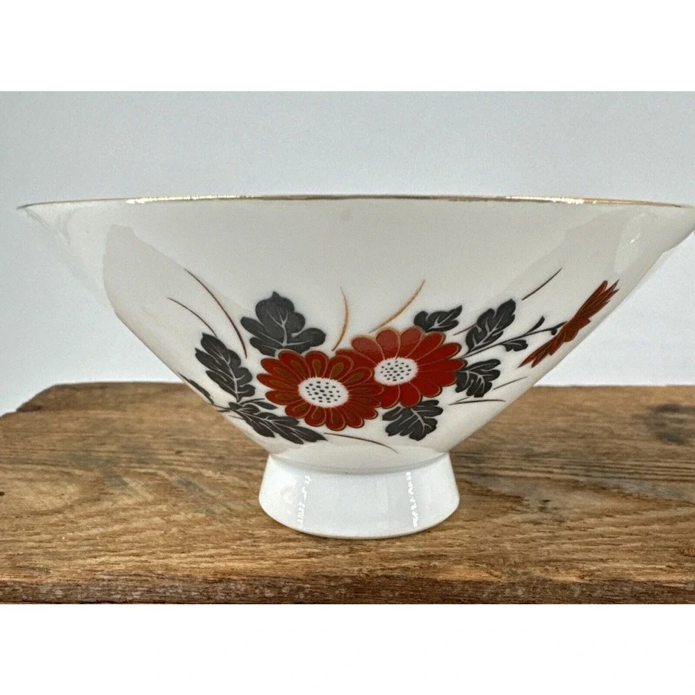Rice Bowls Set of 4 Japanese Porcelain Vintage Red Poppy Floral Gold‎ Trim